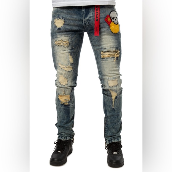 NWT Reason NY Premium Denim Jeans Patchwork Distressed Streetwear Acid‎ Wash 38 - Picture 1 of 9